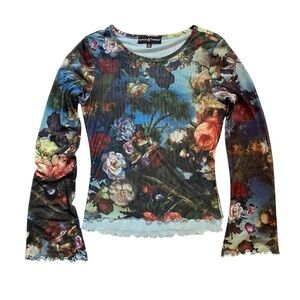 Vintage Y2K Almost Famous Floral Renaissance Mesh ruffled Top Size Small